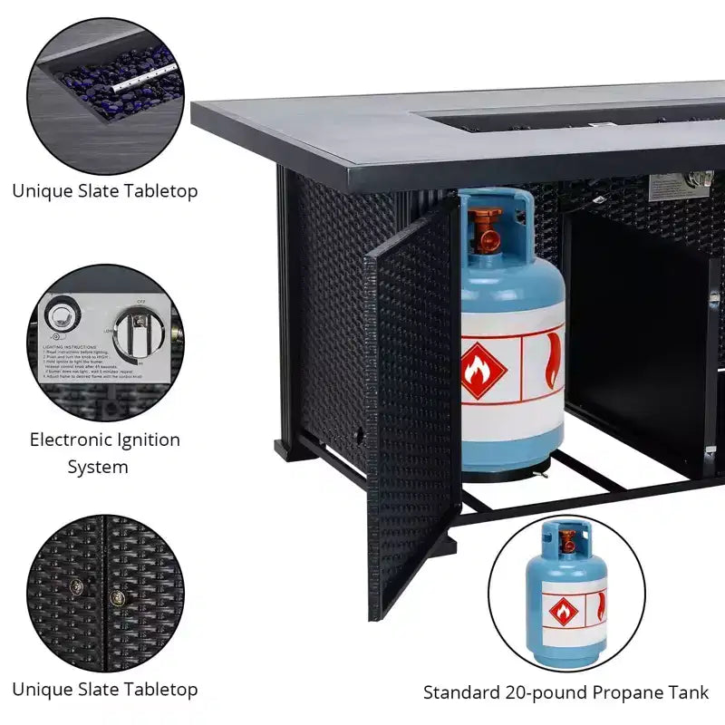 Feuerstelle Tisch, 52 Zoll 2-in-1 50.000 BTU Outdoor Gas-Feuerstelle, rechteckige Propan-Feuerstelle mit Glasschutz/Deckel/Stauraum/Abdeckungen