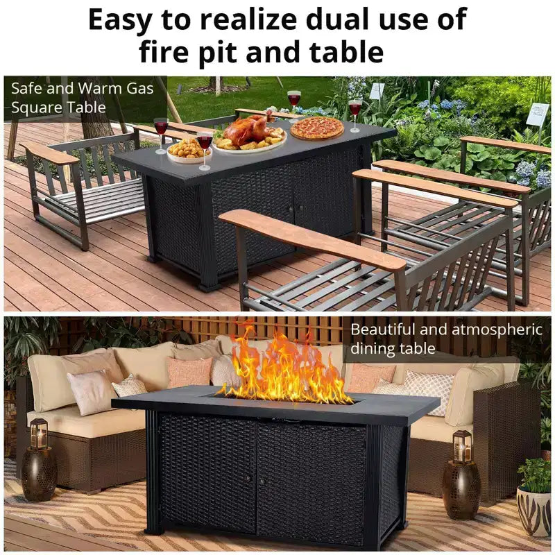 Feuerstelle Tisch, 52 Zoll 2-in-1 50.000 BTU Outdoor Gas-Feuerstelle, rechteckige Propan-Feuerstelle mit Glasschutz/Deckel/Stauraum/Abdeckungen
