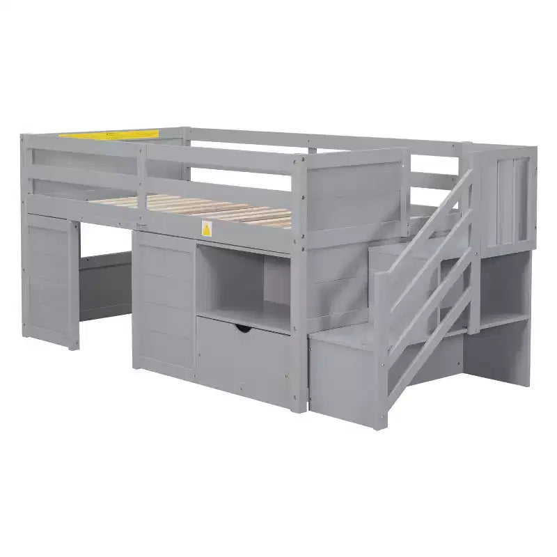 Okak Massivholz-Hochbett mit Treppe & Stauraum, Niedriges Etagenbett mit Schubladen & Regalen, Multifunktionales Hochbett für Kinder, Jugendliche
