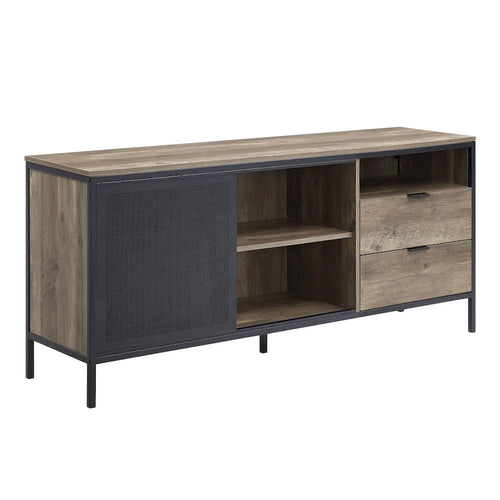 160 cm breites TV-Möbel im Industrial Design – Eiche & Schwarz, MDF & Metallrahmen, passend für Fernseher bis 60 Zoll
