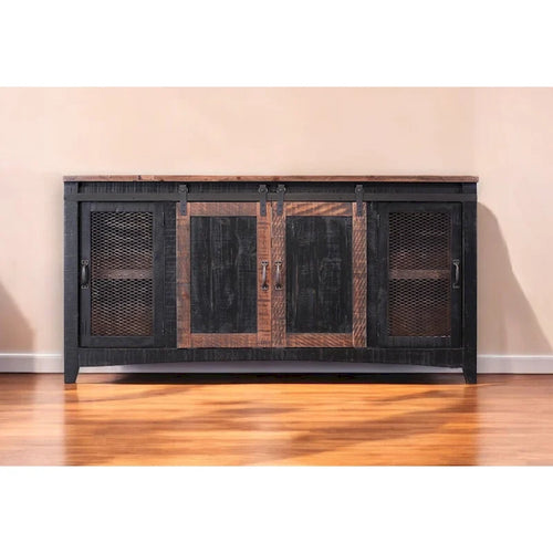 HomeRoots 68  Black Solid Wood Cabinet Enclosed Storage Distressed TV Stand - 67.75' X '34.75' X '19