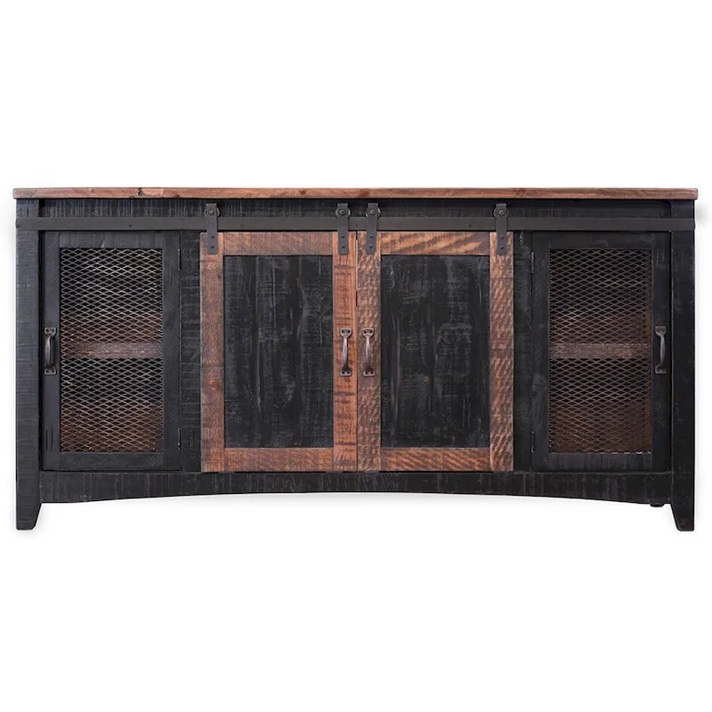68-Inch Distressed TV Stand – Black, Solid Pine Wood, Enclosed Storage, Fits TVs up to 65 Inches