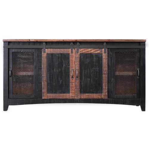 68 Zoll TV-Möbel im Used-Look – Schwarz, massives Kiefernholz, geschlossener Stauraum, passend für Fernseher bis 65 Zoll