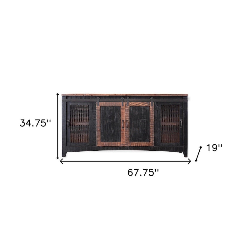 68-Inch Distressed TV Stand – Black, Solid Pine Wood, Enclosed Storage, Fits TVs up to 65 Inches