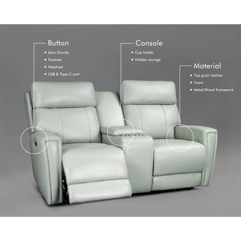 Zero Gravity Power Recliner Loveseat – Green / Blue / Cream, Top Grain Leather, Seats 2