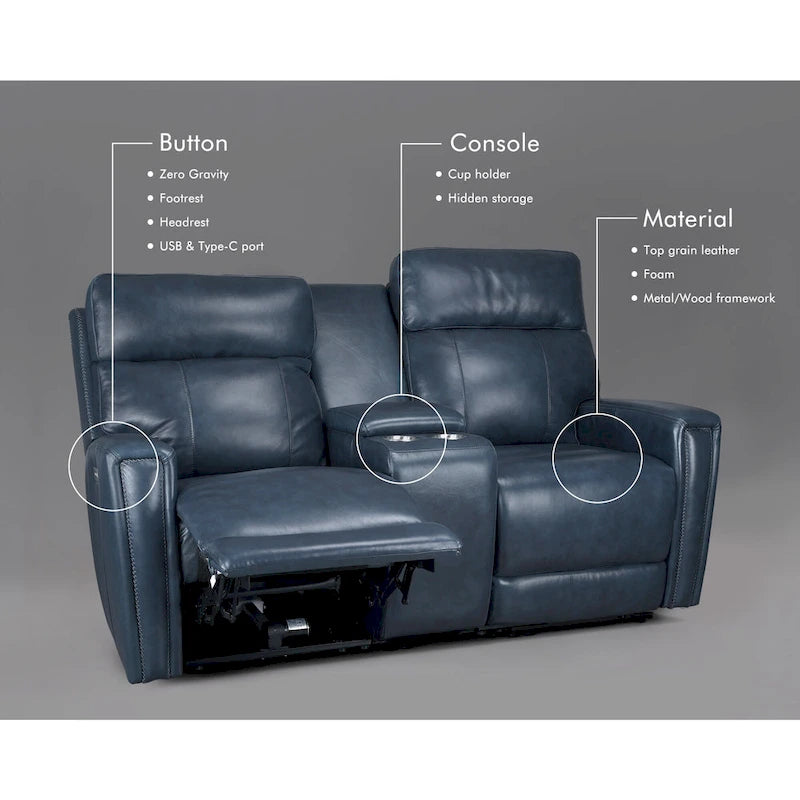 Zero Gravity Power Recliner Loveseat – Green / Blue / Cream, Top Grain Leather, Seats 2