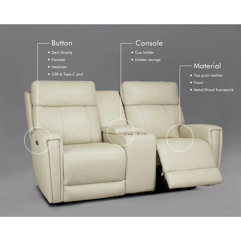 Zero Gravity Power Recliner Loveseat – Green / Blue / Cream, Top Grain Leather, Seats 2