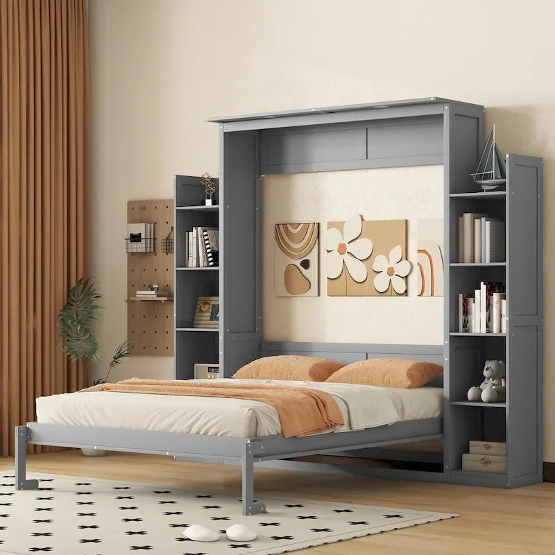 Nordic Creative Queen Size Murphy Bed with Shelves and LED Lights Wall Bed for Kids Teens Adults Space-Saving, Easy Assembly