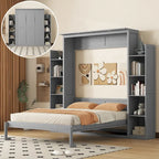 Queen Size Murphy Bed – Grey, MDF & Plywood, Shelves & LED Lights, Sleeps 1