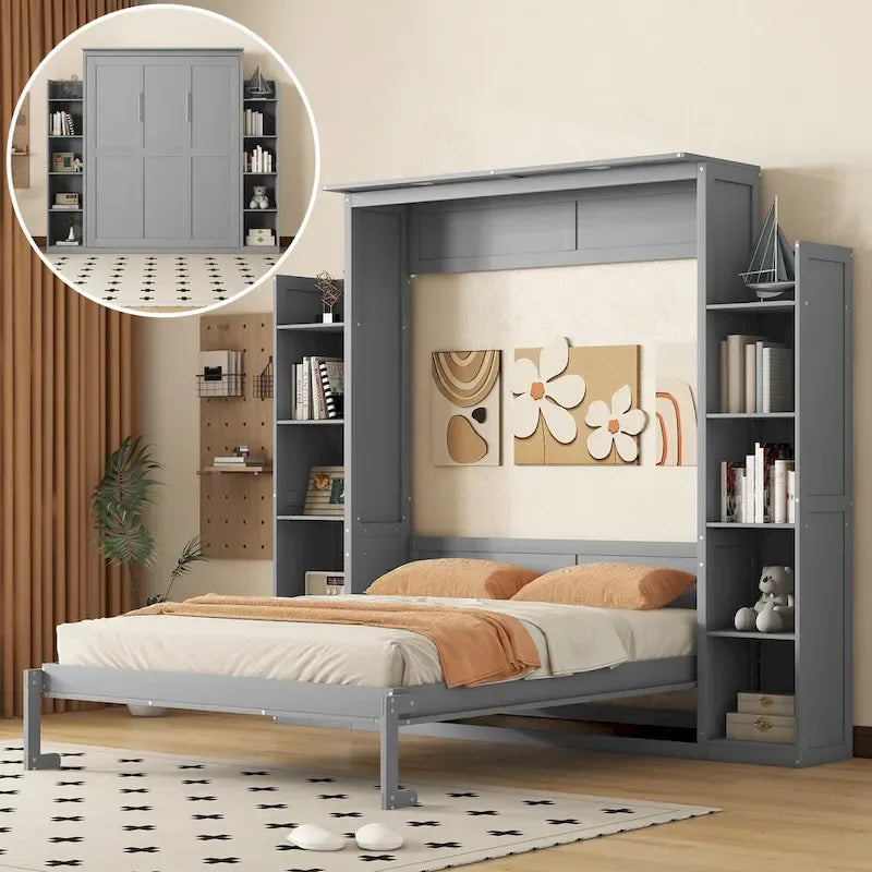 Queen Size Murphy Bed – Grey, MDF & Plywood, Shelves & LED Lights, Sleeps 1