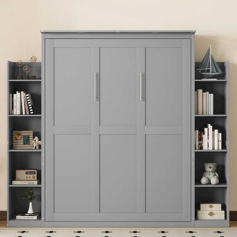 Queen Size Murphy Bed – Grey, MDF & Plywood, Shelves & LED Lights, Sleeps 1