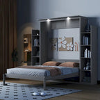 Queen Size Murphy Bed – Grey, MDF & Plywood, Shelves & LED Lights, Sleeps 1
