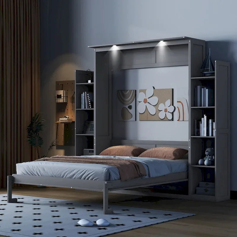 Queen Size Murphy Bed – Grey, MDF & Plywood, Shelves & LED Lights, Sleeps 1
