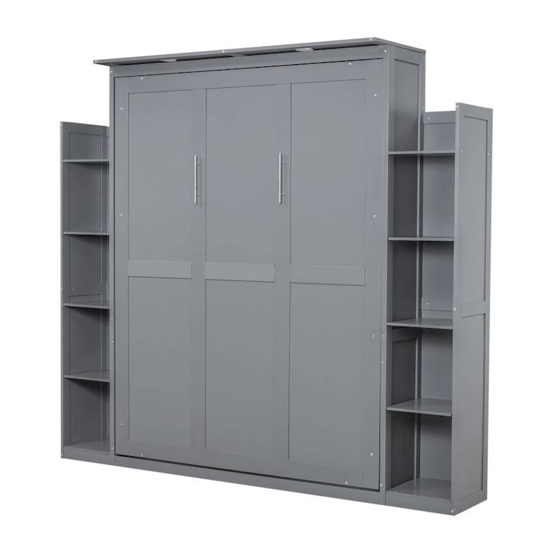 Queen Size Murphy Bed – Grey, MDF & Plywood, Shelves & LED Lights, Sleeps 1
