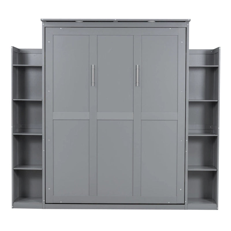 Queen Size Murphy Bed – Grey, MDF & Plywood, Shelves & LED Lights, Sleeps 1