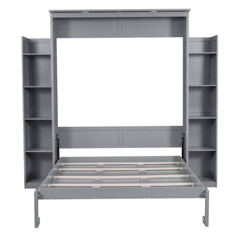 Queen Size Murphy Bed – Grey, MDF & Plywood, Shelves & LED Lights, Sleeps 1