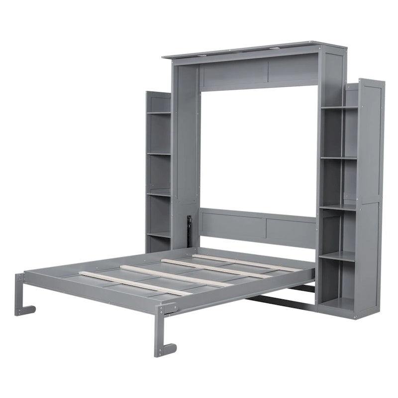 Queen Size Murphy Bed – Grey, MDF & Plywood, Shelves & LED Lights, Sleeps 1
