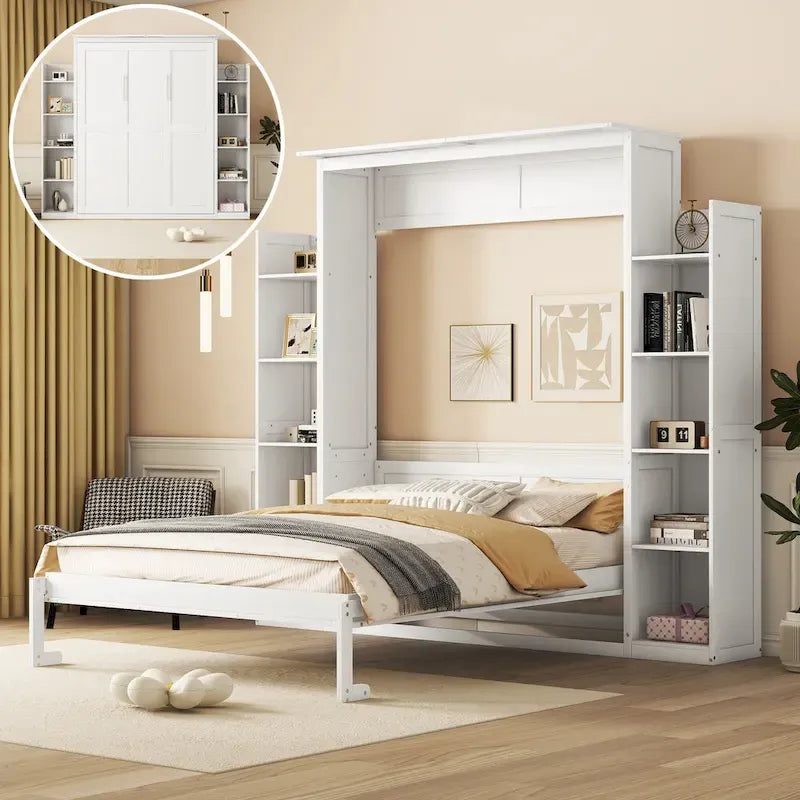 Queen Size Murphy Bed – Grey, MDF & Plywood, Shelves & LED Lights, Sleeps 1