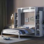 Queen Size Murphy Bed – Grey, MDF & Plywood, Shelves & LED Lights, Sleeps 1