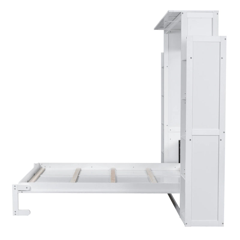 Queen Size Murphy Bed – Grey, MDF & Plywood, Shelves & LED Lights, Sleeps 1