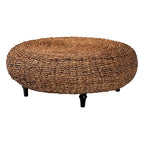 Round Handwoven Seagrass Coffee Table – Natural Brown, Bohemian Style, Turned Wood Legs