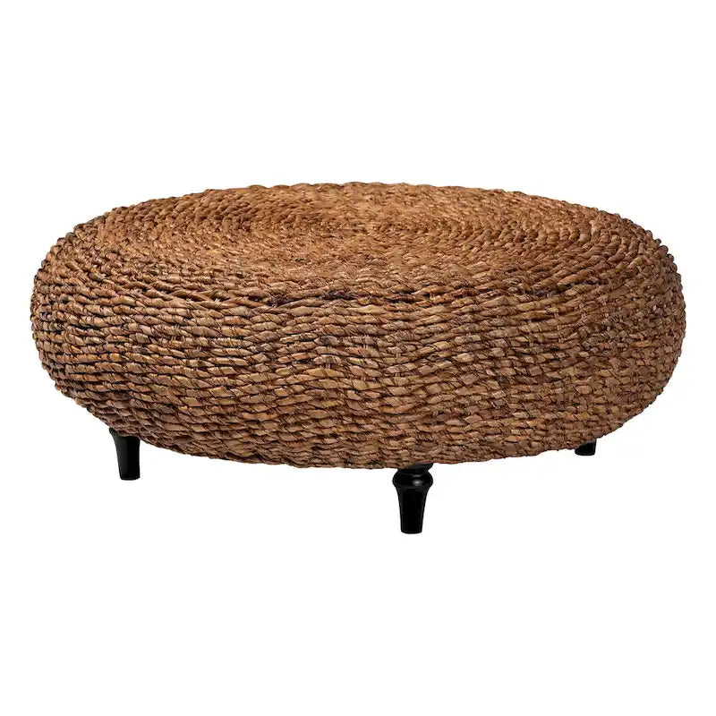 Round Handwoven Seagrass Coffee Table – Natural Brown, Bohemian Style, Turned Wood Legs