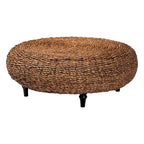 Round Handwoven Seagrass Coffee Table – Natural Brown, Bohemian Style, Turned Wood Legs