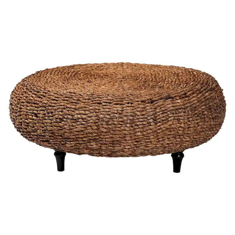 Round Handwoven Seagrass Coffee Table – Natural Brown, Bohemian Style, Turned Wood Legs