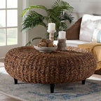 Round Handwoven Seagrass Coffee Table – Natural Brown, Bohemian Style, Turned Wood Legs