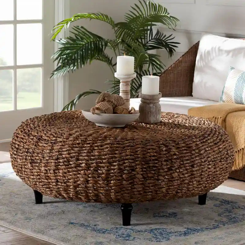 Round Handwoven Seagrass Coffee Table – Natural Brown, Bohemian Style, Turned Wood Legs