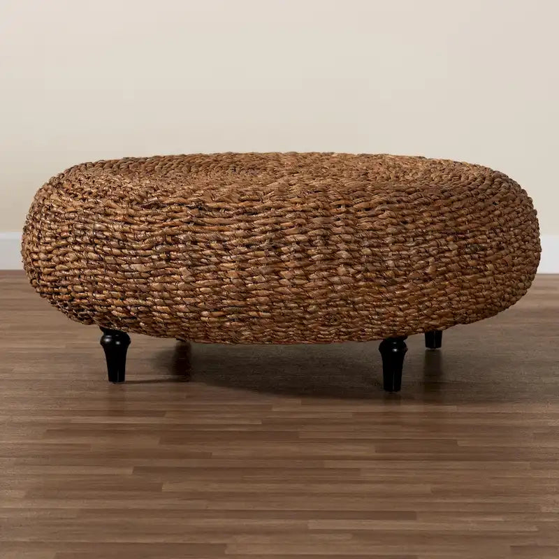 Round Handwoven Seagrass Coffee Table – Natural Brown, Bohemian Style, Turned Wood Legs