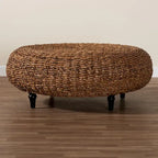 Round Handwoven Seagrass Coffee Table – Natural Brown, Bohemian Style, Turned Wood Legs
