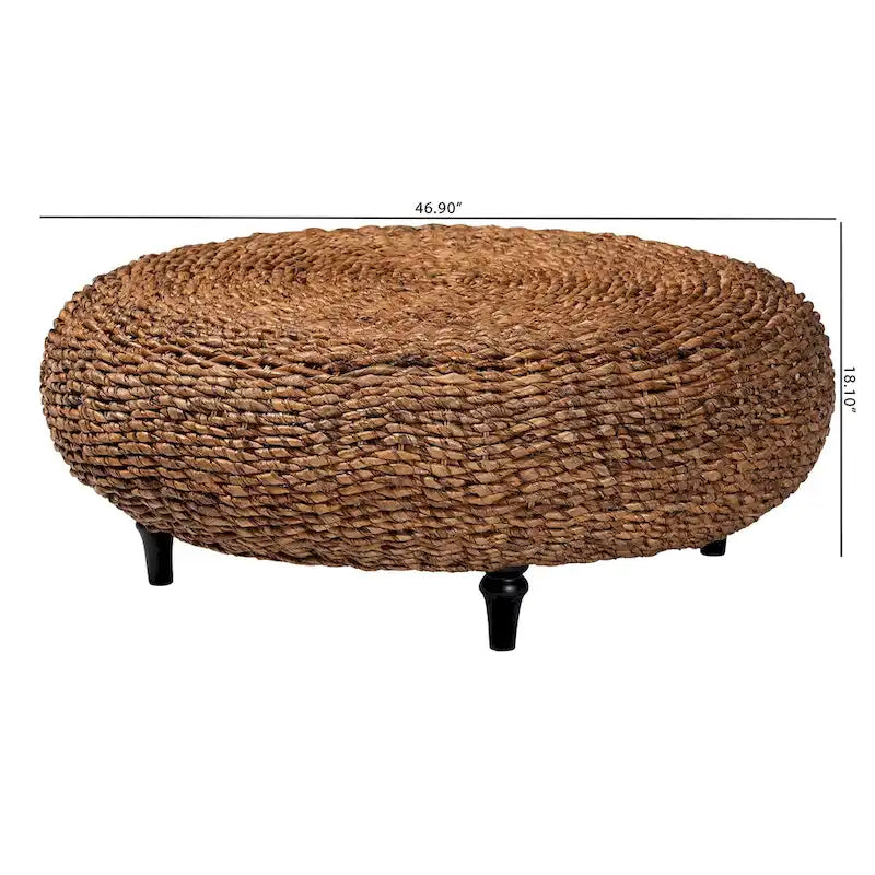 Round Handwoven Seagrass Coffee Table – Natural Brown, Bohemian Style, Turned Wood Legs