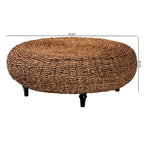 Round Handwoven Seagrass Coffee Table – Natural Brown, Bohemian Style, Turned Wood Legs