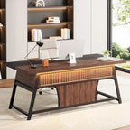 63-Inch Executive Office Desk – Walnut & Black, LED Light, Storage Shelf, Industrial Style