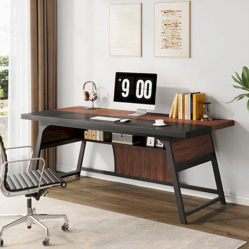 63-Zoll-Chefbürotisch – Nussbaum & Schwarz, LED-Beleuchtung, Ablagefach, Industriestil
