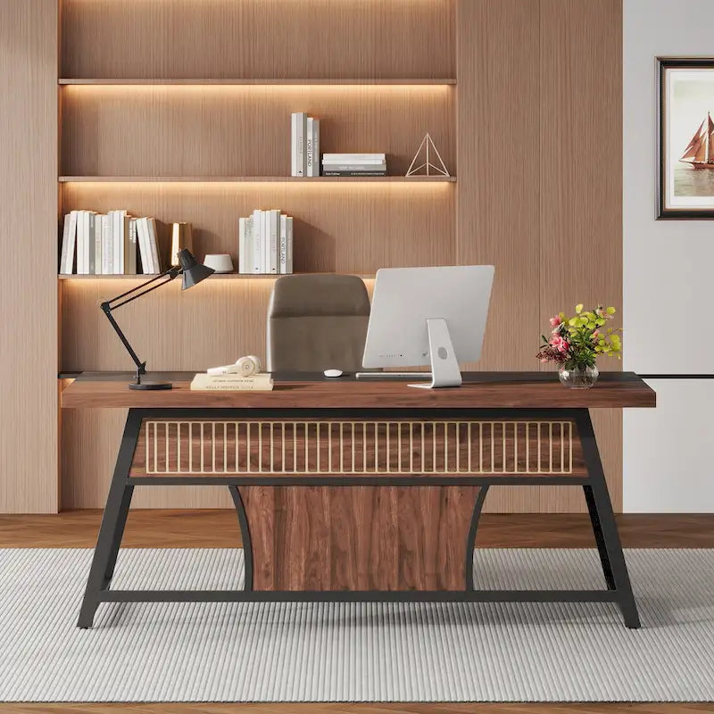 63-Inch Executive Office Desk – Walnut & Black, LED Light, Storage Shelf, Industrial Style
