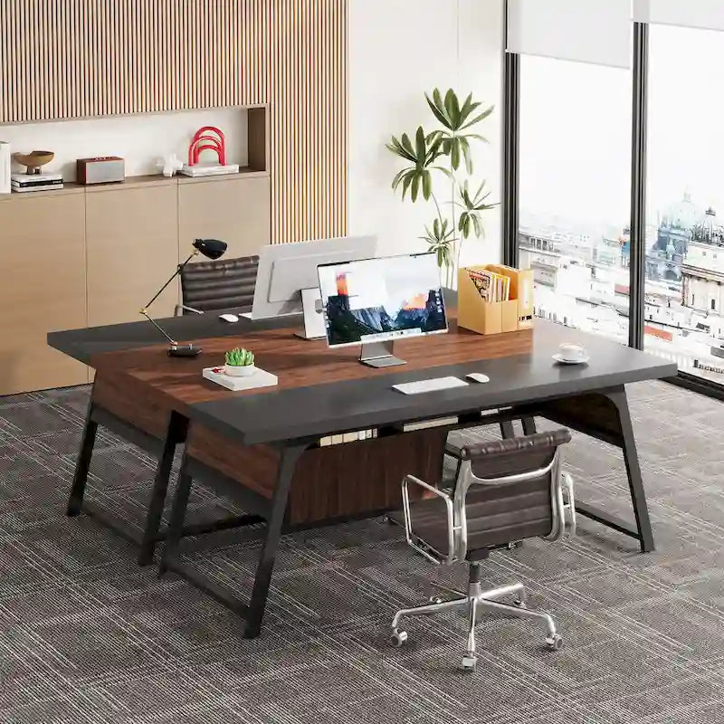 63-Inch Executive Office Desk – Walnut & Black, LED Light, Storage Shelf, Industrial Style