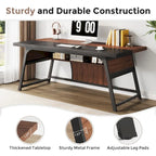 63-Inch Executive Office Desk – Walnut & Black, LED Light, Storage Shelf, Industrial Style