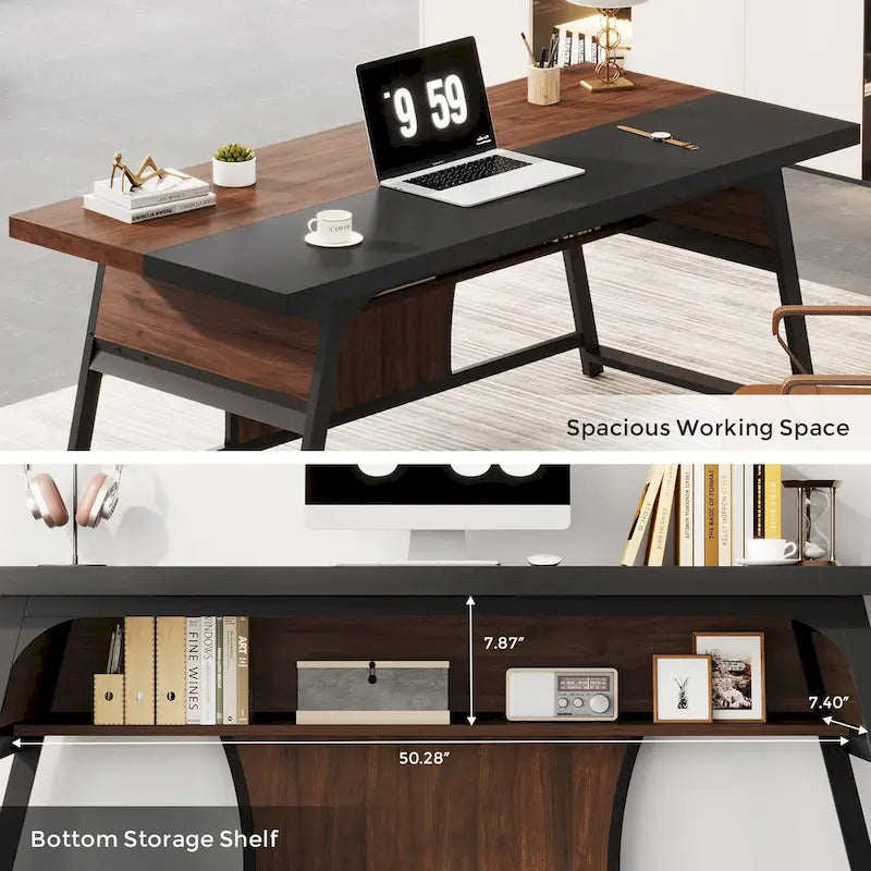 63-Inch Executive Office Desk – Walnut & Black, LED Light, Storage Shelf, Industrial Style