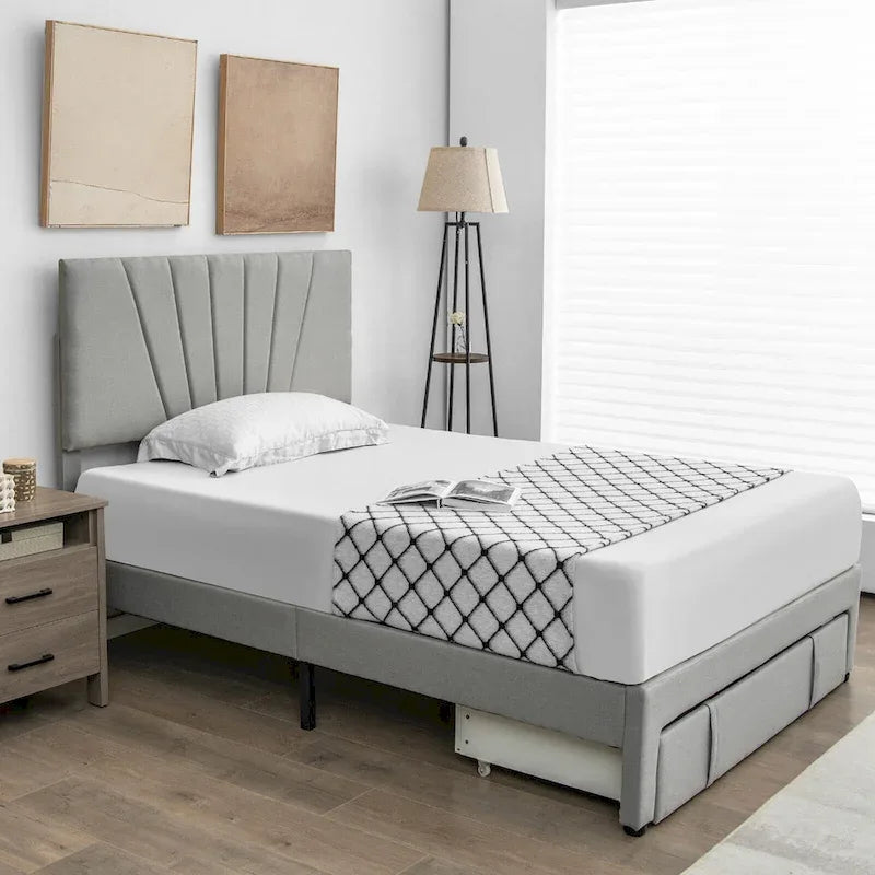 Gymax Full/Queen Upholstered Bed Frame Platform Bed with Drawer &