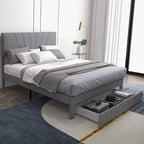 Linen Platform Bed Frame – Grey, Adjustable Headboard, 1 Pull-Out Drawer, Full / Queen, Sleeps 1