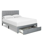 Linen Platform Bed Frame – Grey, Adjustable Headboard, 1 Pull-Out Drawer, Full / Queen, Sleeps 1