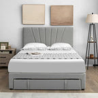 Linen Platform Bed Frame – Grey, Adjustable Headboard, 1 Pull-Out Drawer, Full / Queen, Sleeps 1