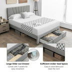 Linen Platform Bed Frame – Grey, Adjustable Headboard, 1 Pull-Out Drawer, Full / Queen, Sleeps 1