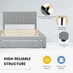 Linen Platform Bed Frame – Grey, Adjustable Headboard, 1 Pull-Out Drawer, Full / Queen, Sleeps 1