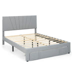 Linen Platform Bed Frame – Grey, Adjustable Headboard, 1 Pull-Out Drawer, Full / Queen, Sleeps 1
