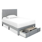 Linen Platform Bed Frame – Grey, Adjustable Headboard, 1 Pull-Out Drawer, Full / Queen, Sleeps 1