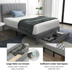 Linen Platform Bed Frame – Grey, Adjustable Headboard, 1 Pull-Out Drawer, Full / Queen, Sleeps 1