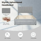 Linen Platform Bed Frame – Grey, Adjustable Headboard, 1 Pull-Out Drawer, Full / Queen, Sleeps 1
